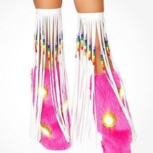 RAVE BEADED FRINGE LEG WARMERS WHITE RAINBOW BEADS